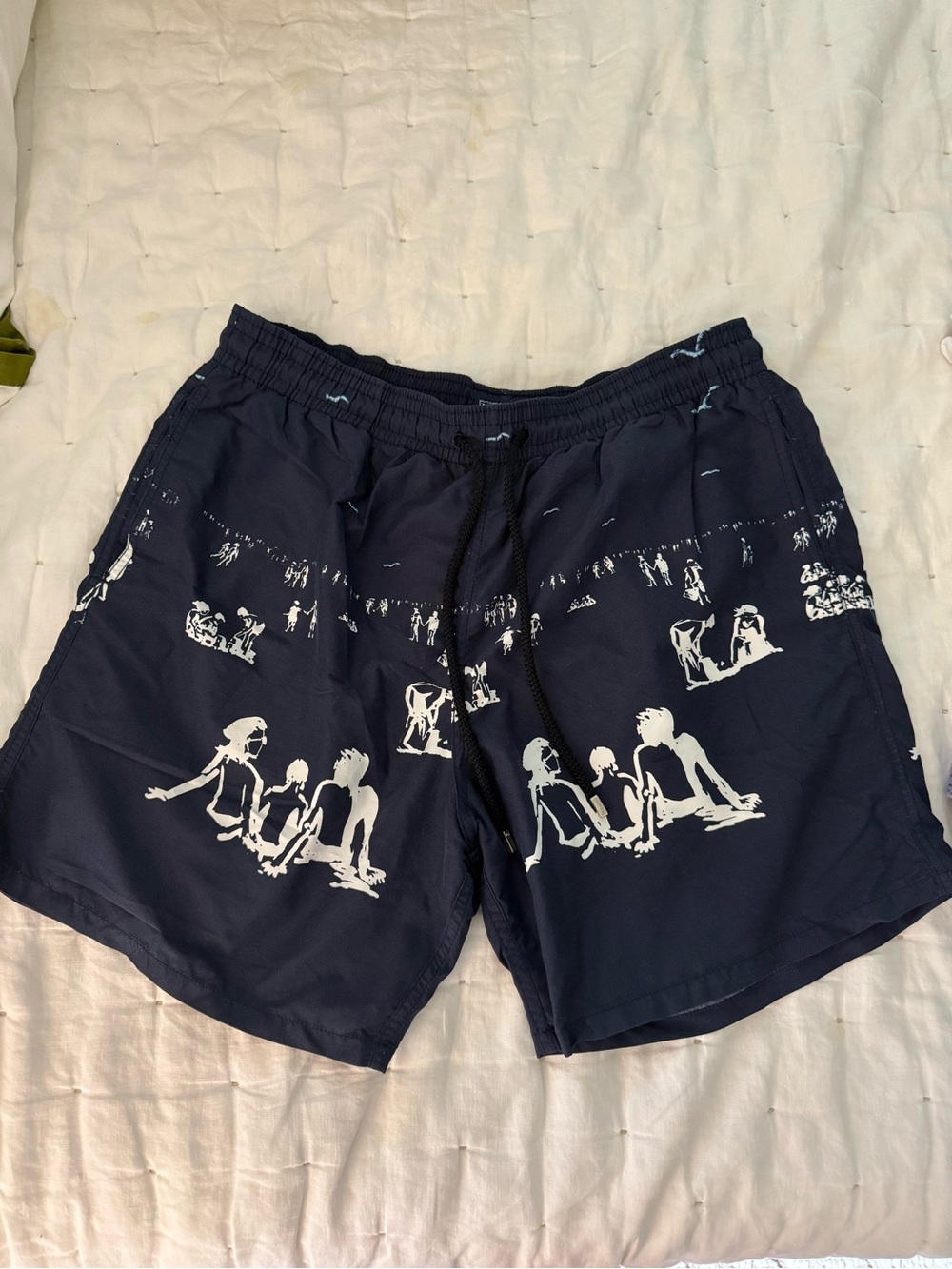 Vilebrequin Navy Swim Trunks with White Beach Silhouette Print